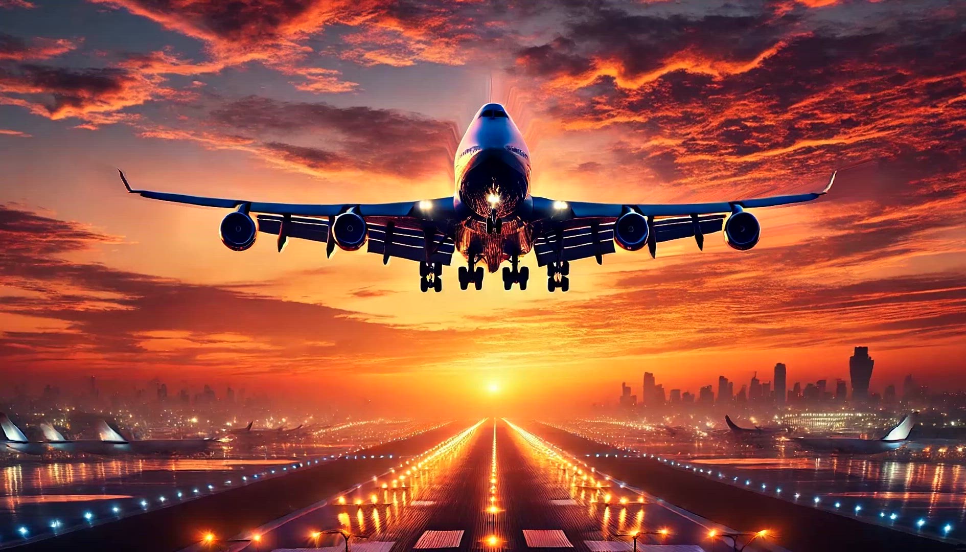 Airplane Landing at Sunset – Dramatic Runway Scene with Fiery Sky