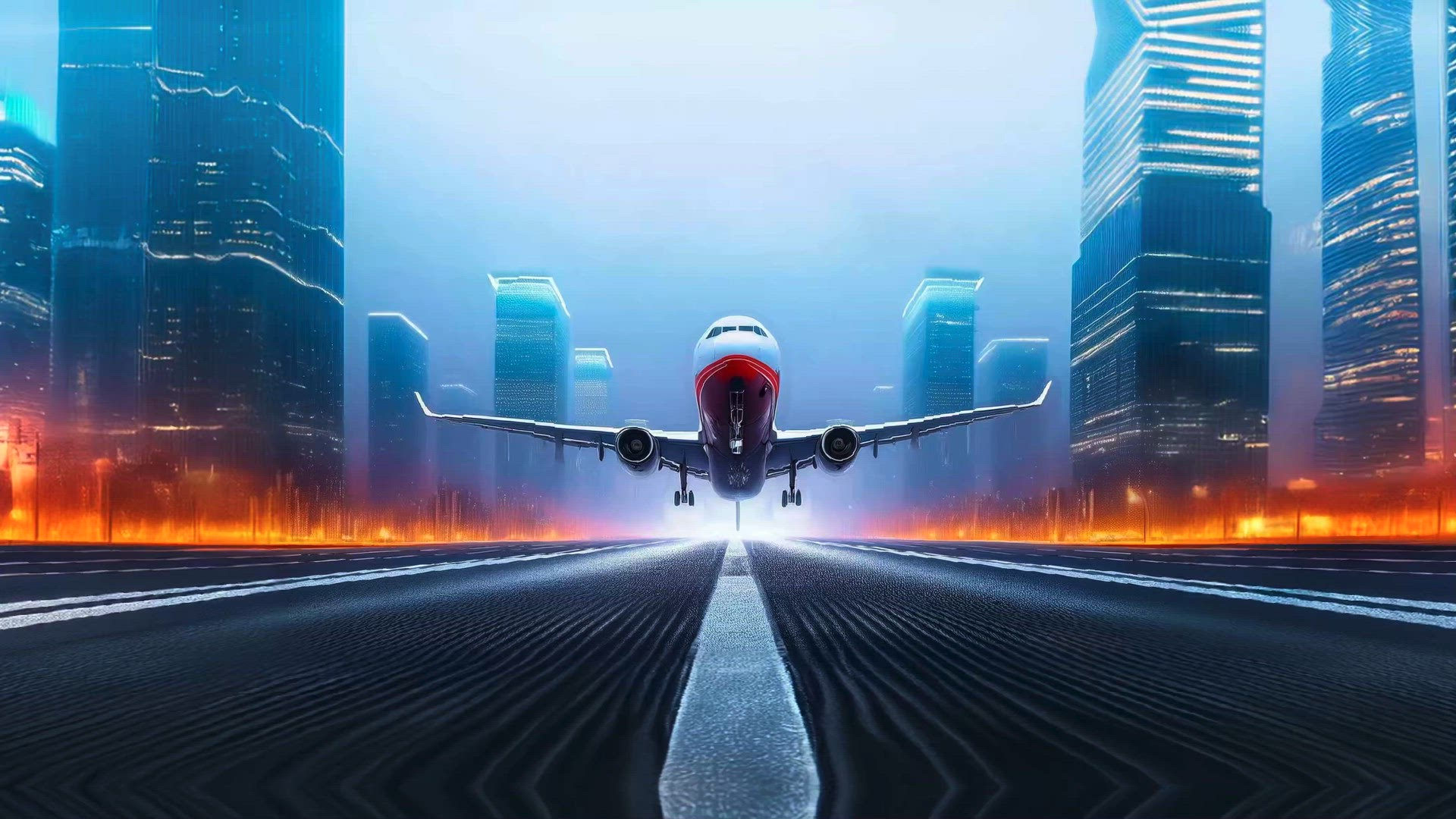 Airplane Landing at Sunset – Dramatic Runway Scene with Fiery Sky