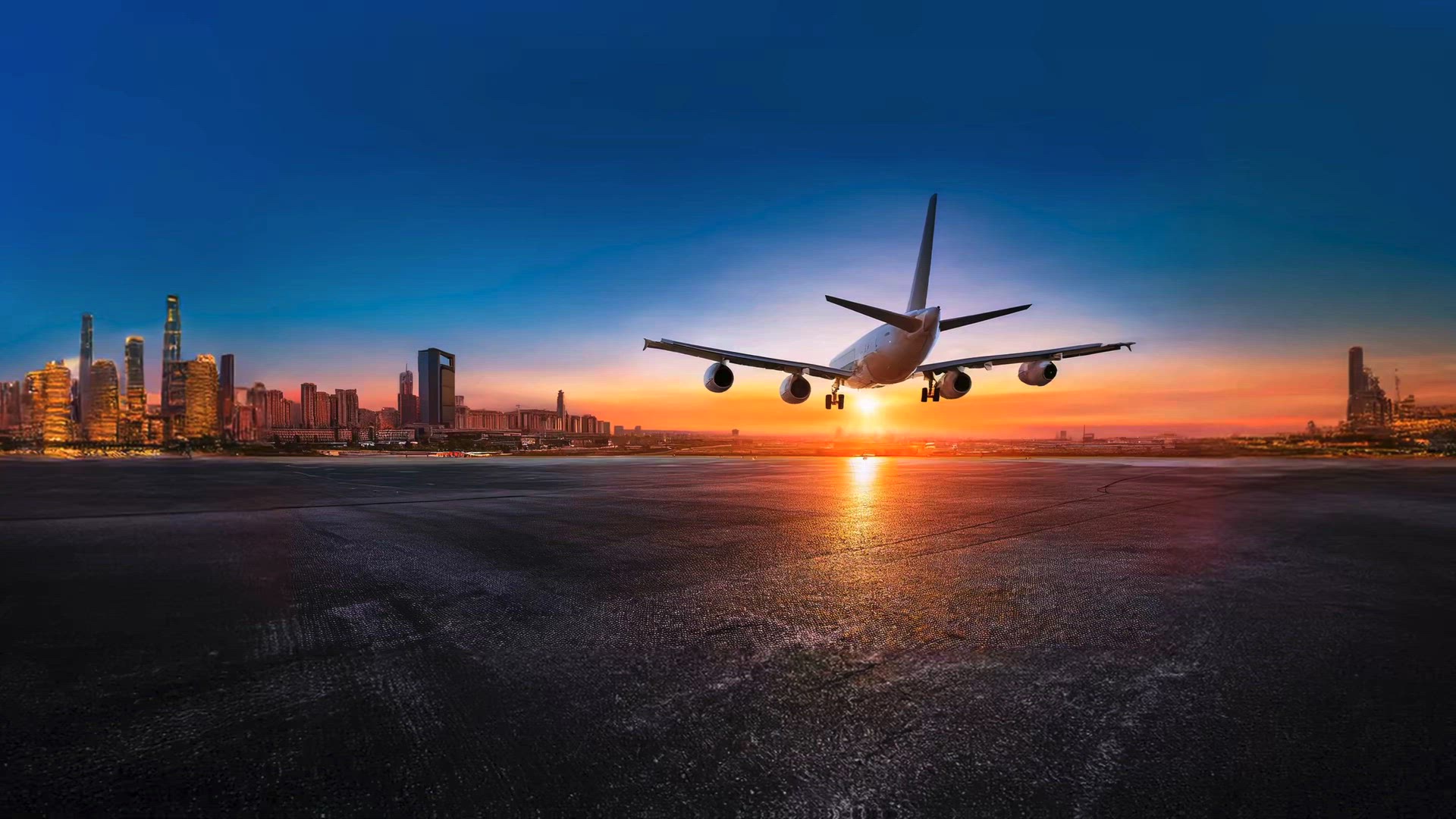 Airplane Landing at Sunset – Dramatic Runway Scene with Fiery Sky