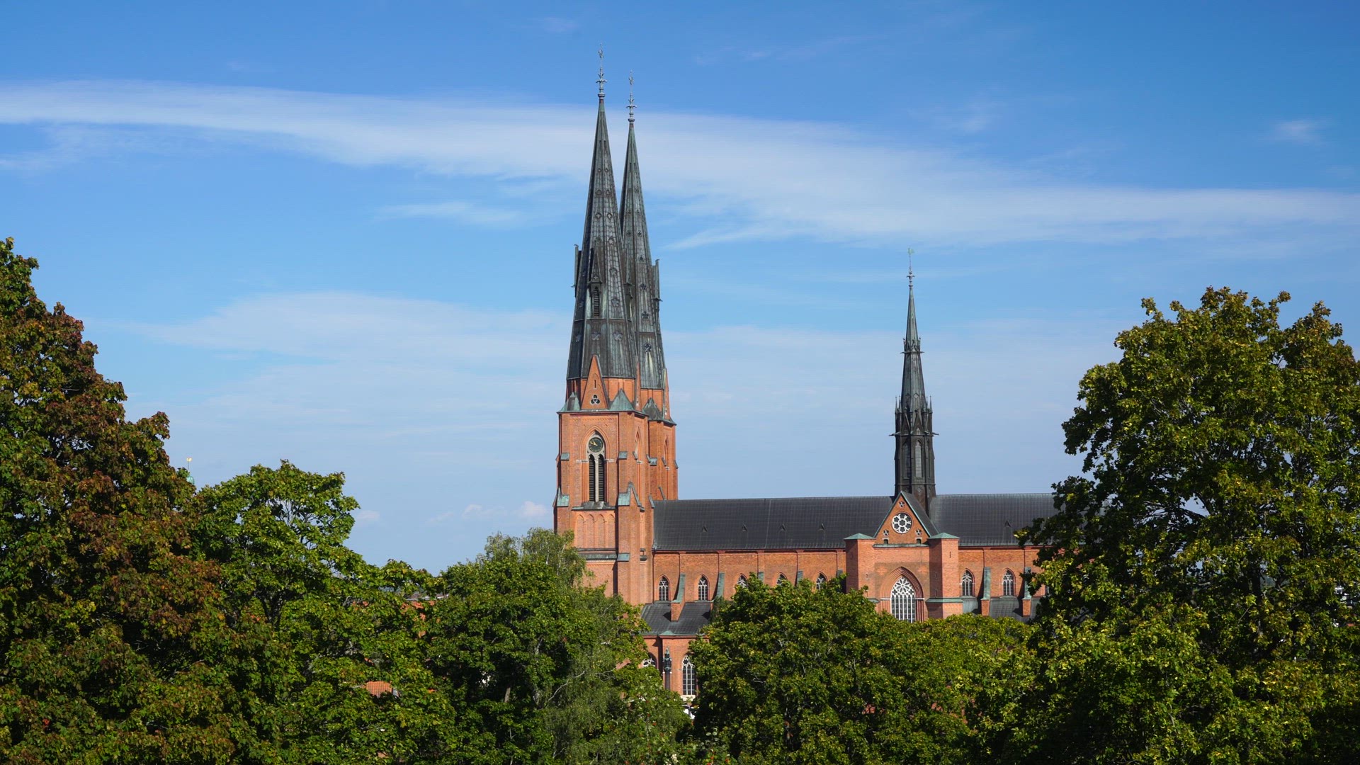 Uppsala Cathedral - trees in foreground.MP4
