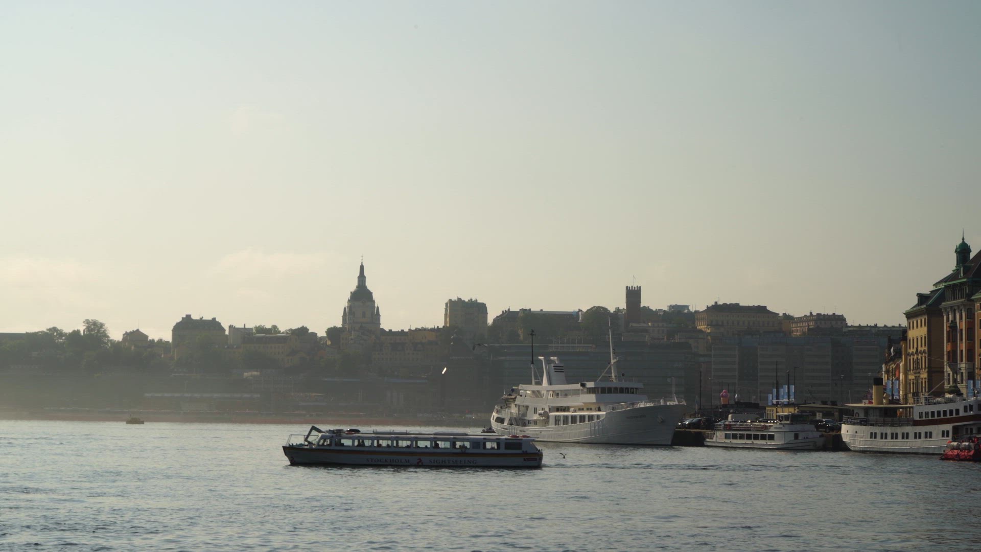 stockholm - skyline - foggy morning - sighseeing boats.MP4