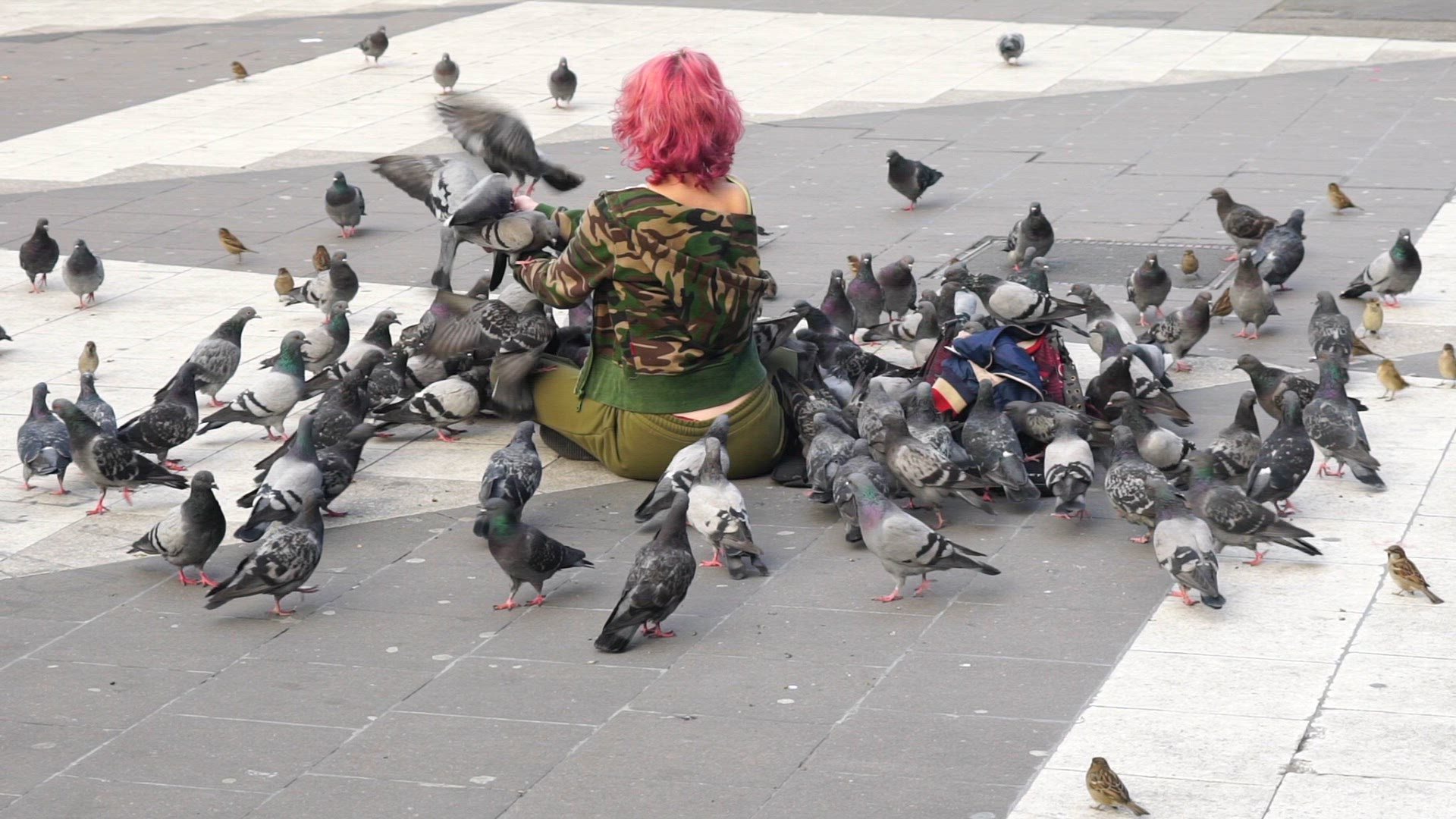 woman feeding pigeons at Sergels Torg - slowmotion.mp4
