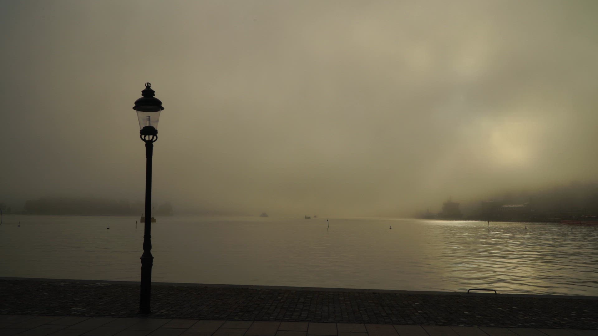 foggy morning - Skeppsbron in Stockholm - streetlight - no people.MP4