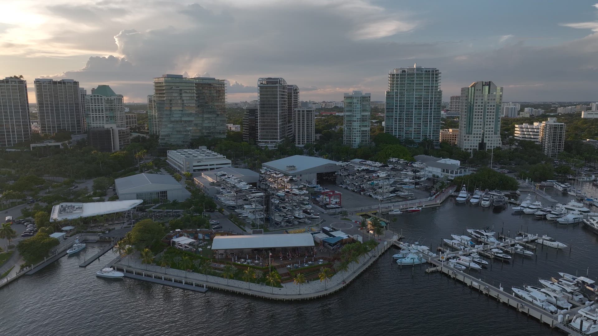 Coconut Grove Miami, Marina at Sunset Aerial 4K -HDR