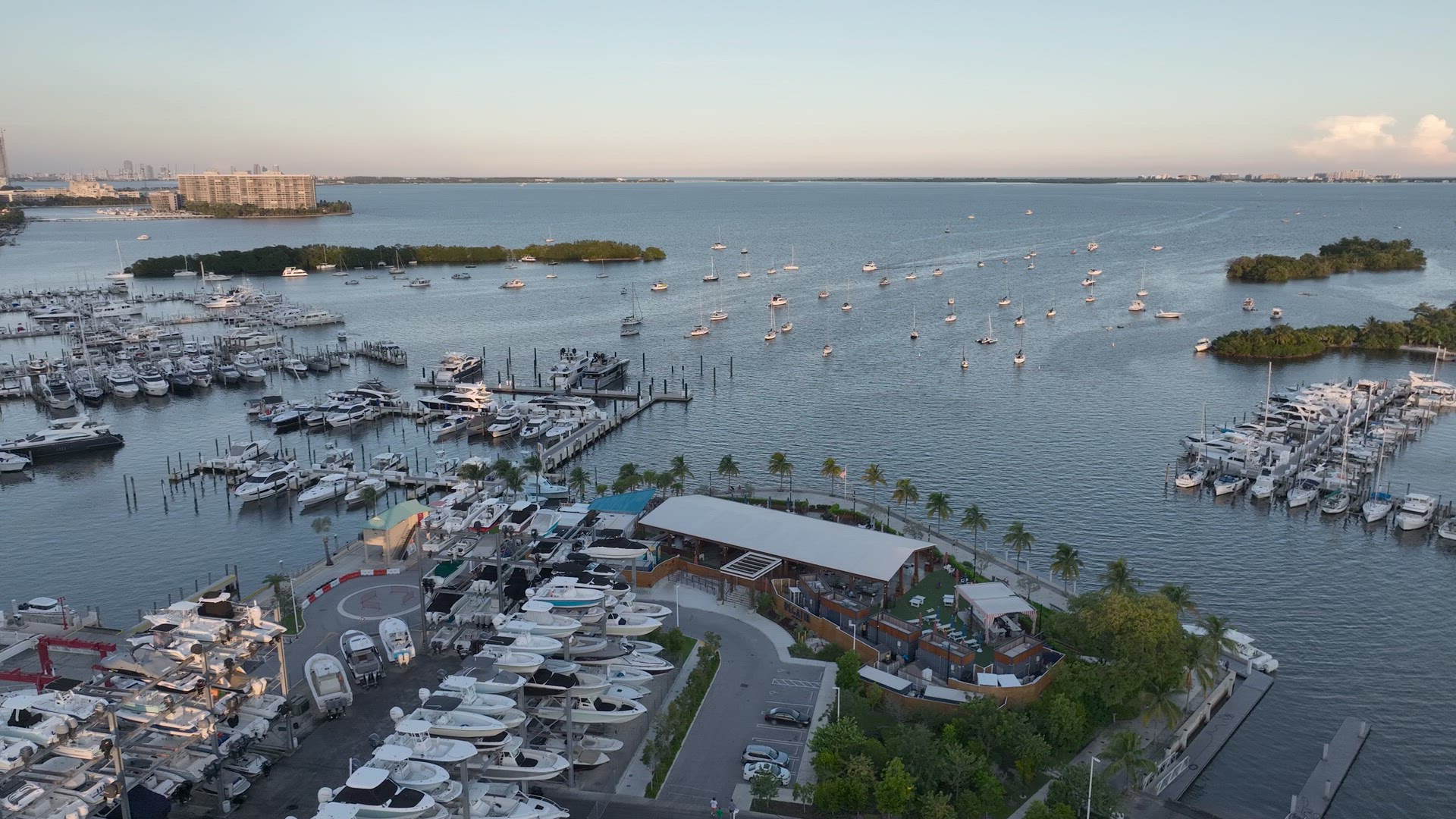 Coconut Grove Miami, Marina at Sunset Aerial 4K -HDR
