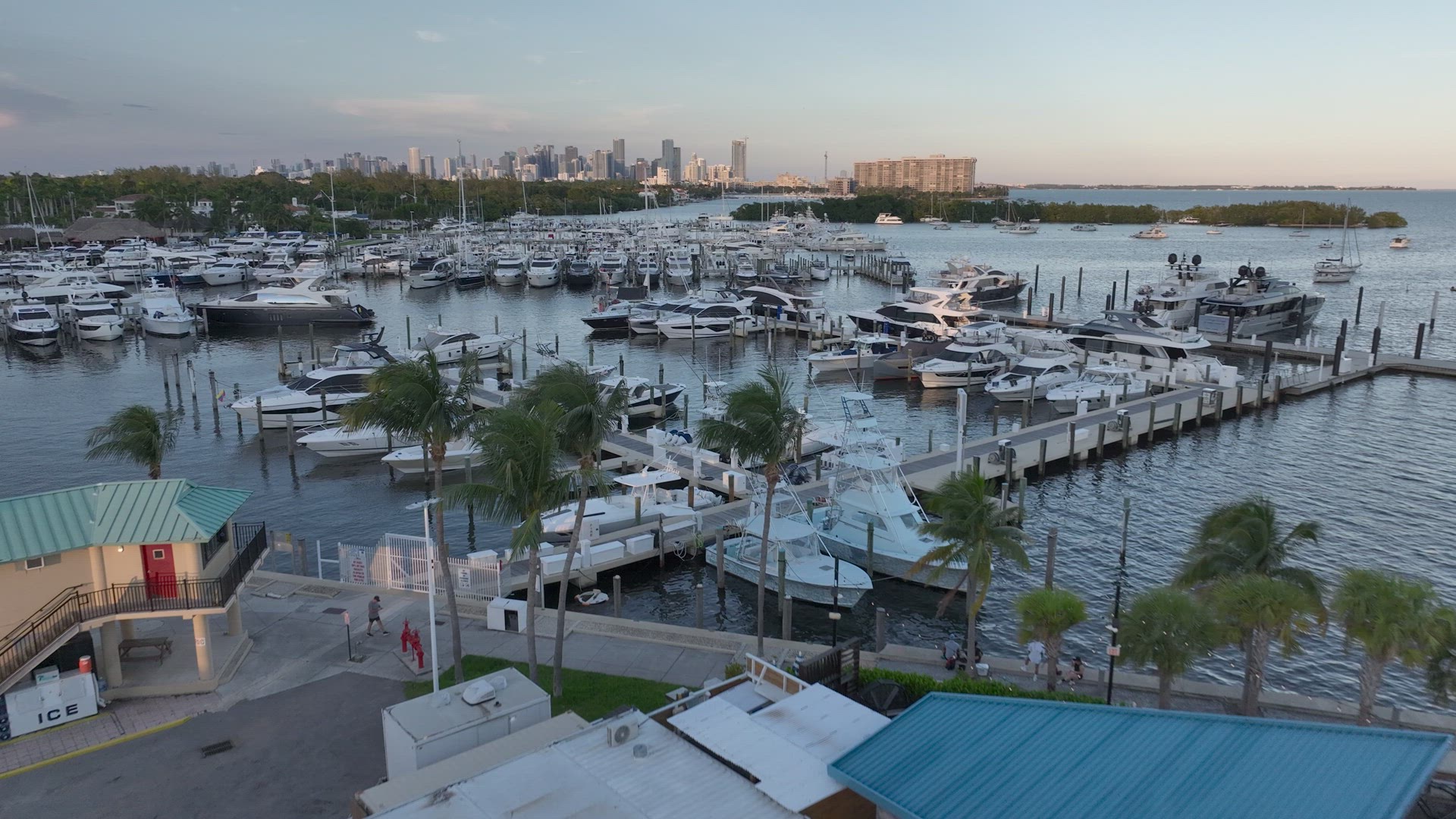 Coconut Grove Miami, Marina at Sunset Aerial 4K -HDR