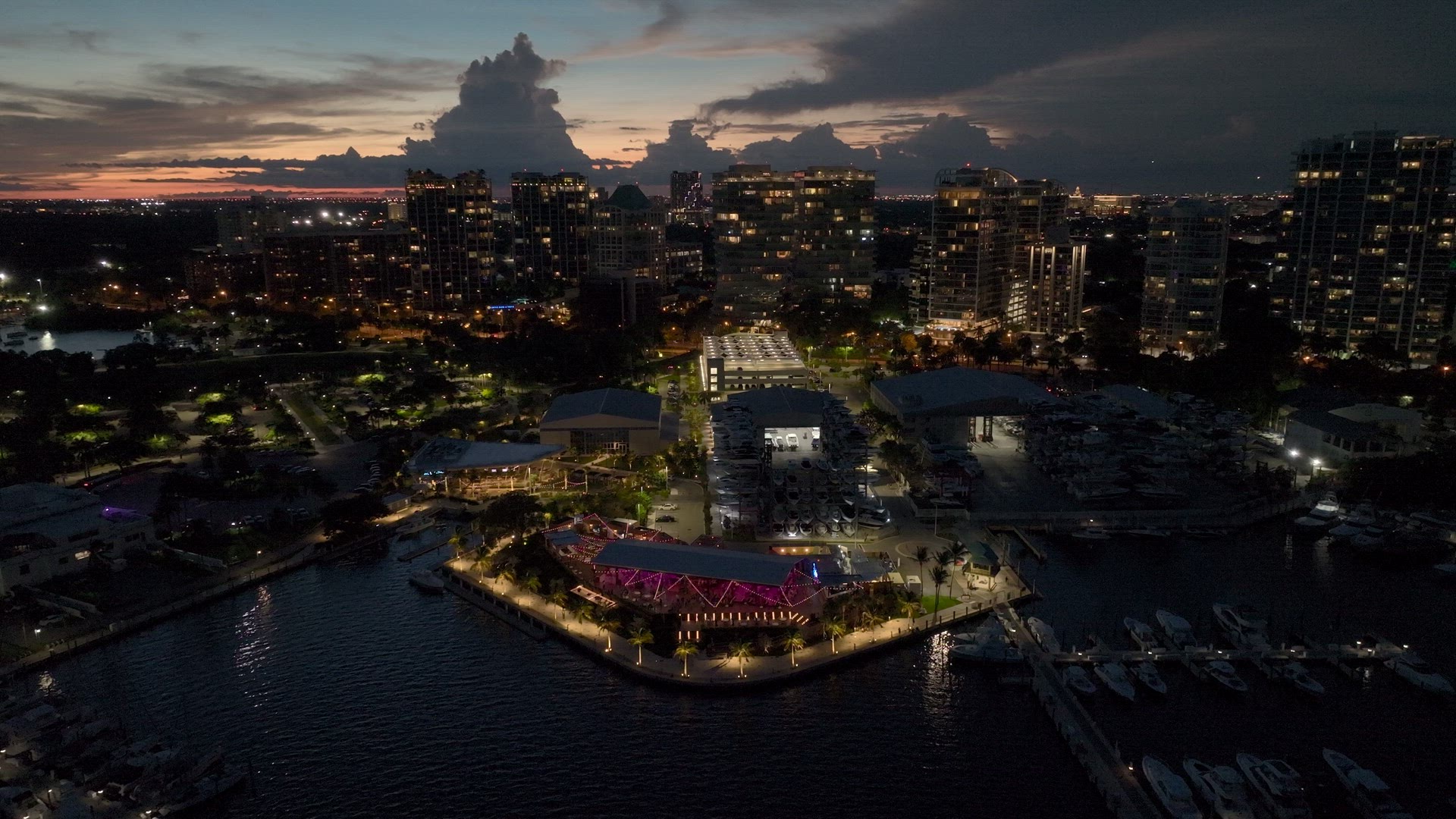 Coconut Grove Miami, Marina at Sunset Aerial 4K -HDR