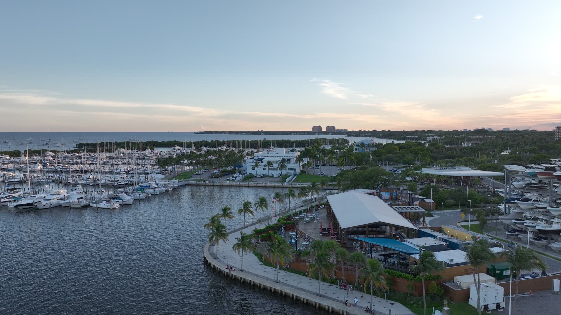 Coconut Grove Miami, Marina at Sunset Aerial 4K -HDR