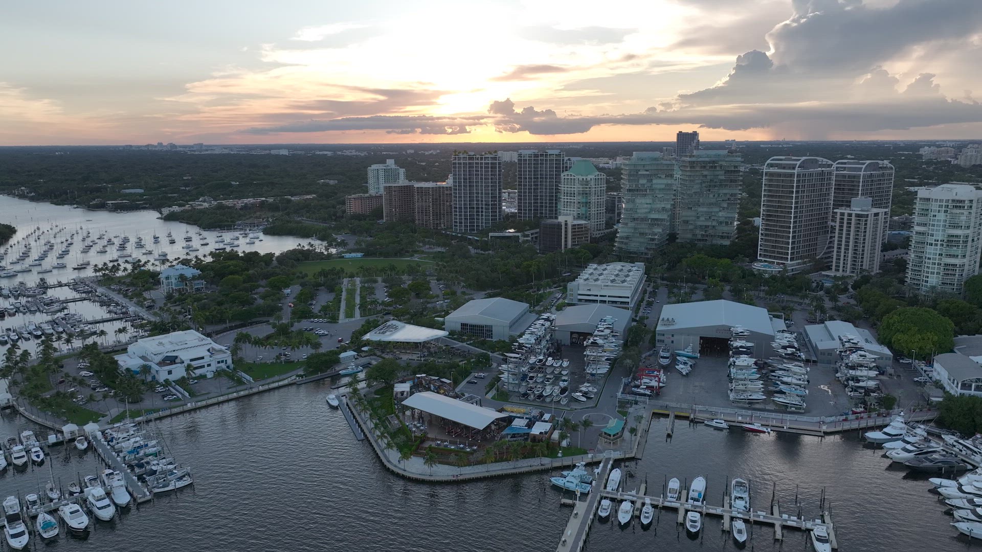 Coconut Grove Miami, Marina at Sunset Aerial 4K -HDR