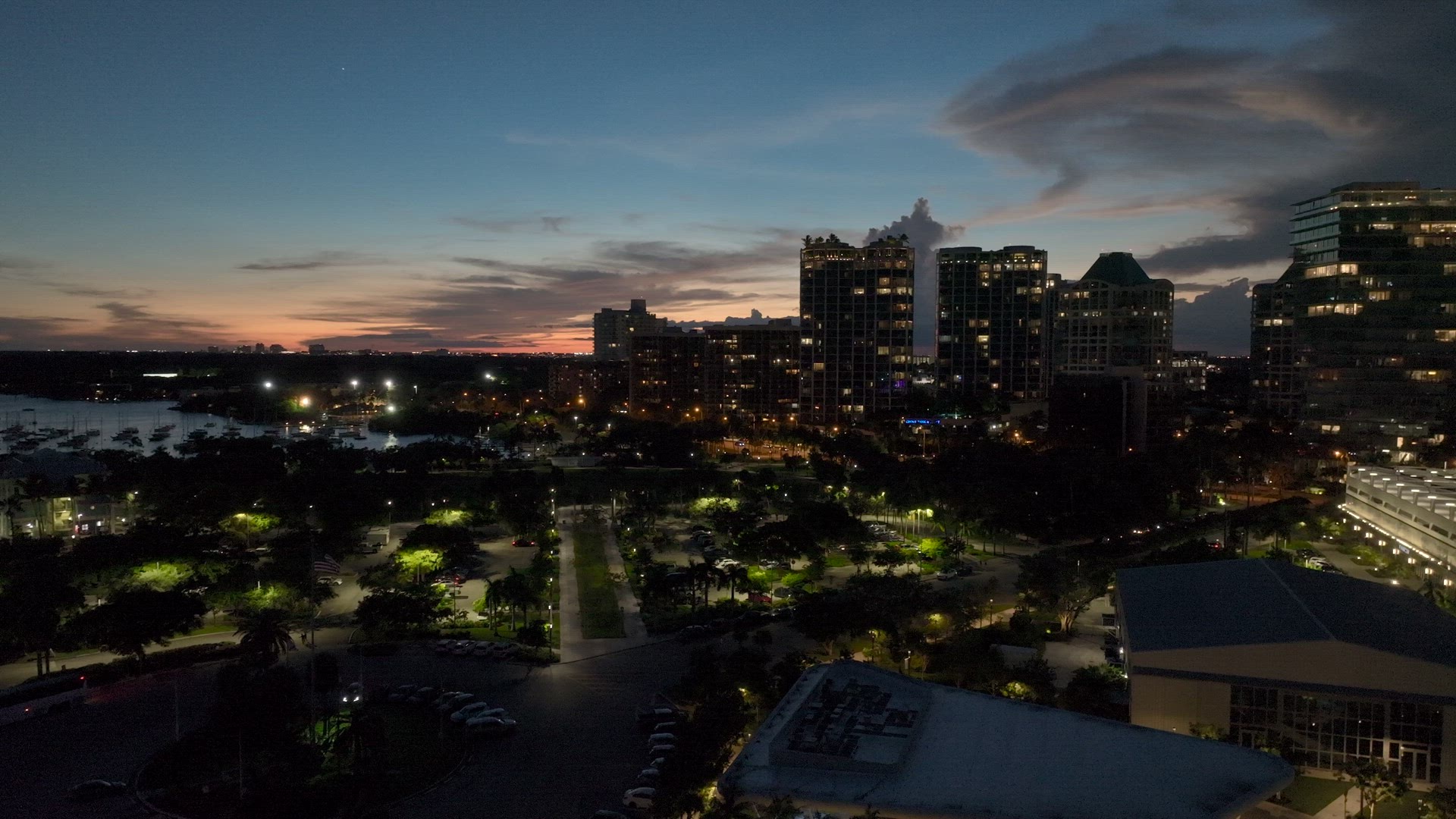 Coconut Grove Miami, Marina at Sunset Aerial 4K -HDR