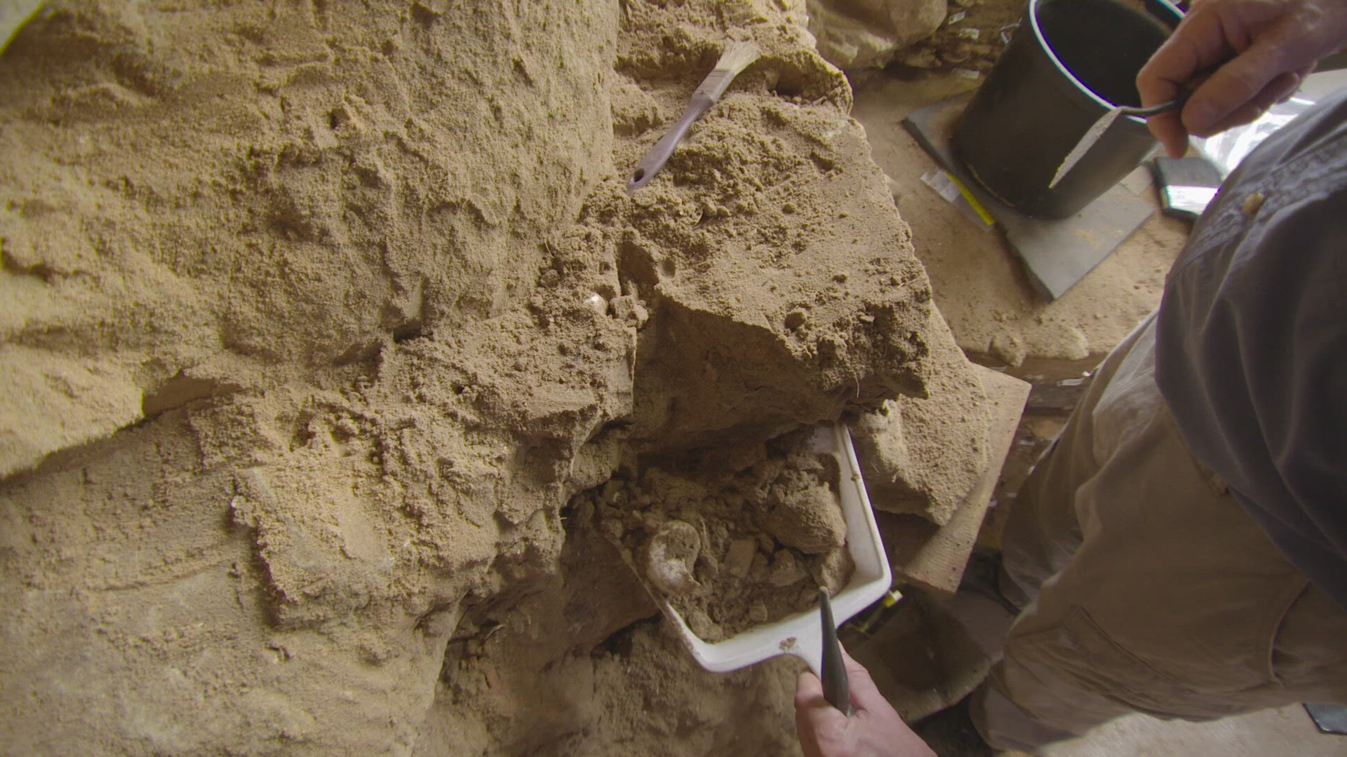 archaeologist removing dirt from dig site