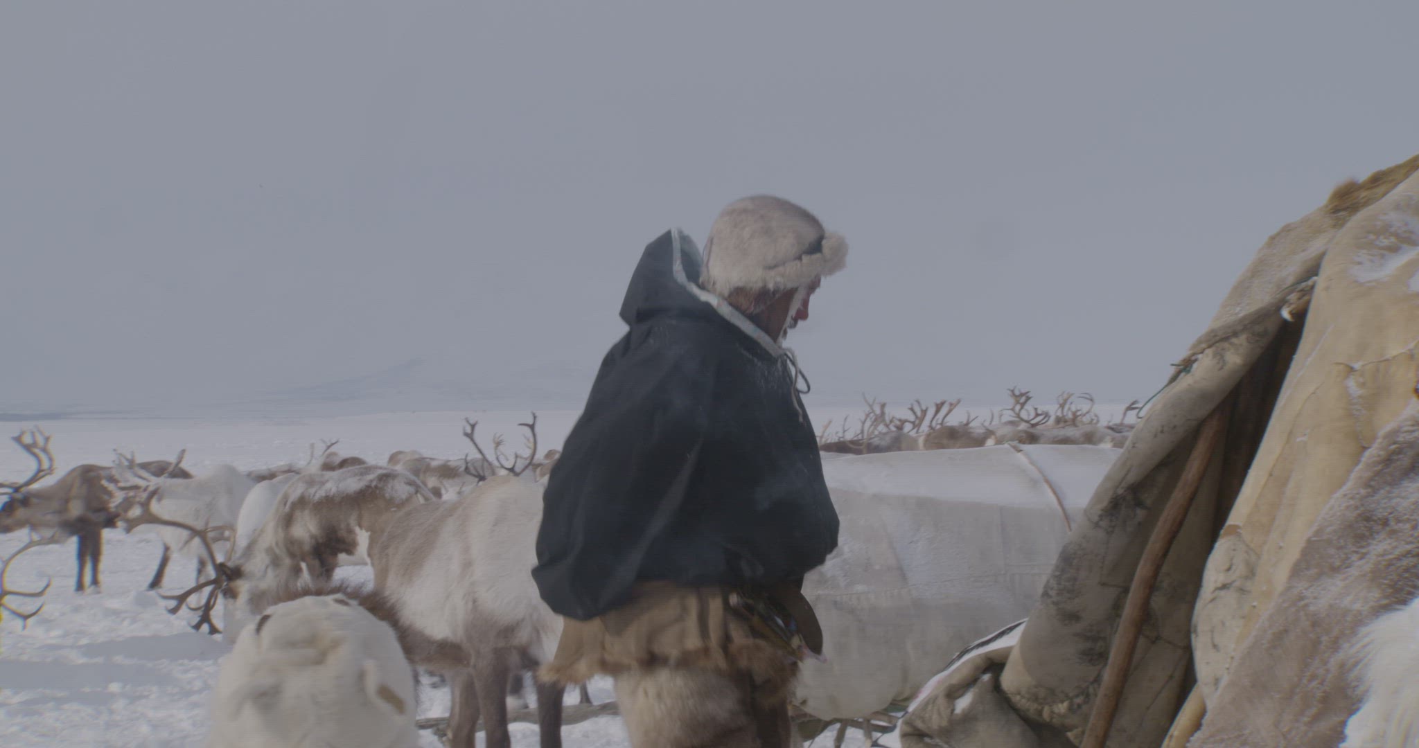 man entering yurt