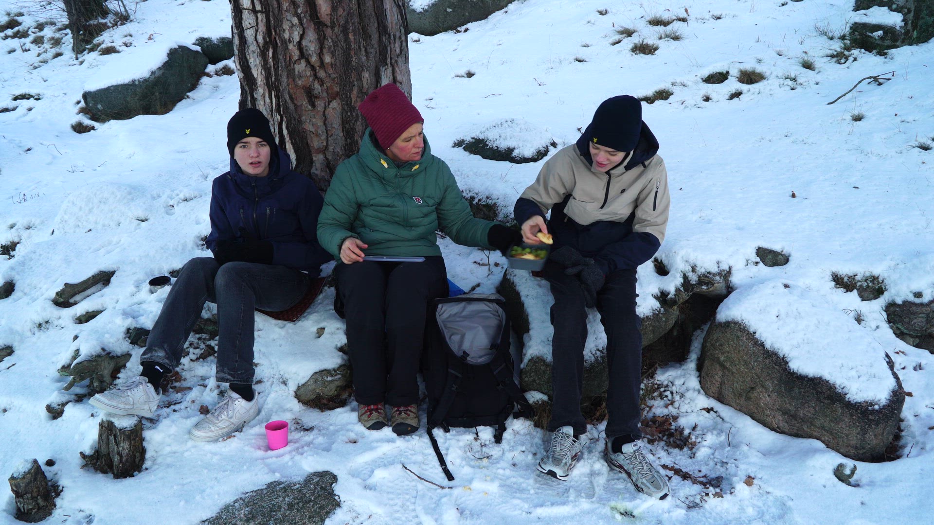 mother and tow teenage boys - winter picnic.mp4