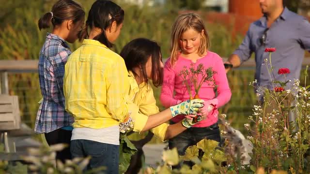 Woman teaching three girls how to garden in a city setting