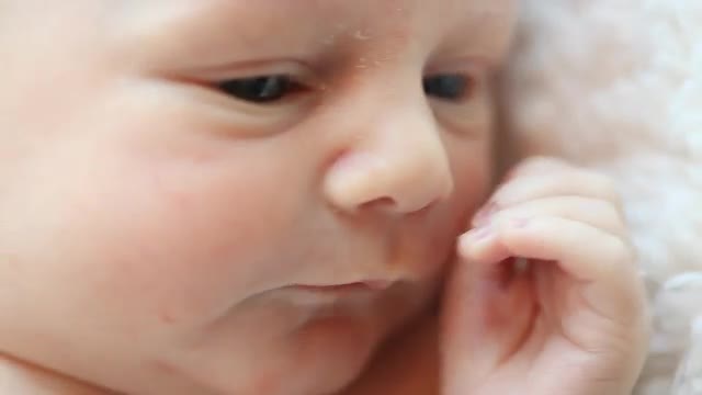 Close up of a Caucasian newborn's face with open eyes