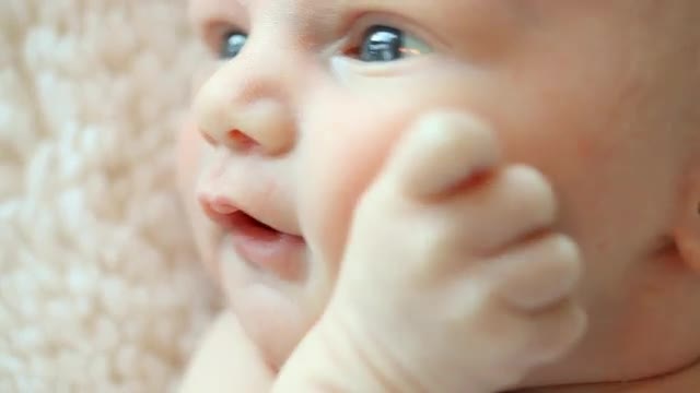 Close up of a Caucasian newborn's face with open eyes
