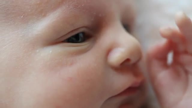 Close up of a Caucasian newborn's face with open eyes