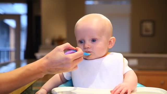 Caucasian baby boy being fed by mother