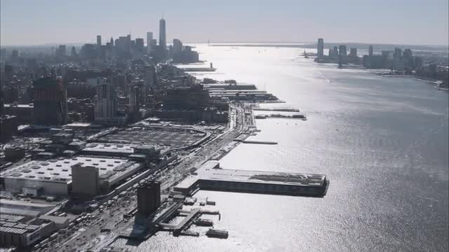 AERIAL WIDE view of Downtown Manhattan from the Hudson River