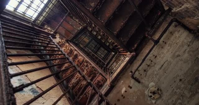 Asylum Old Rusted Staircase with Camera Spin