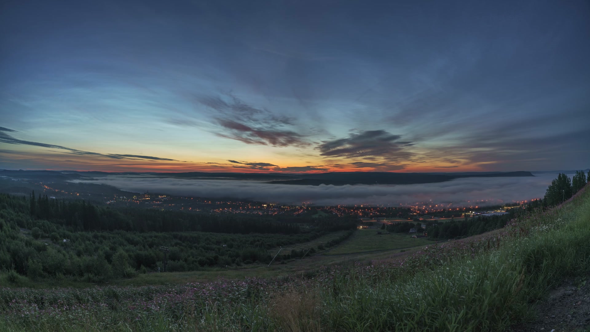 Noctilucent clouds and mist in Swedish summer night