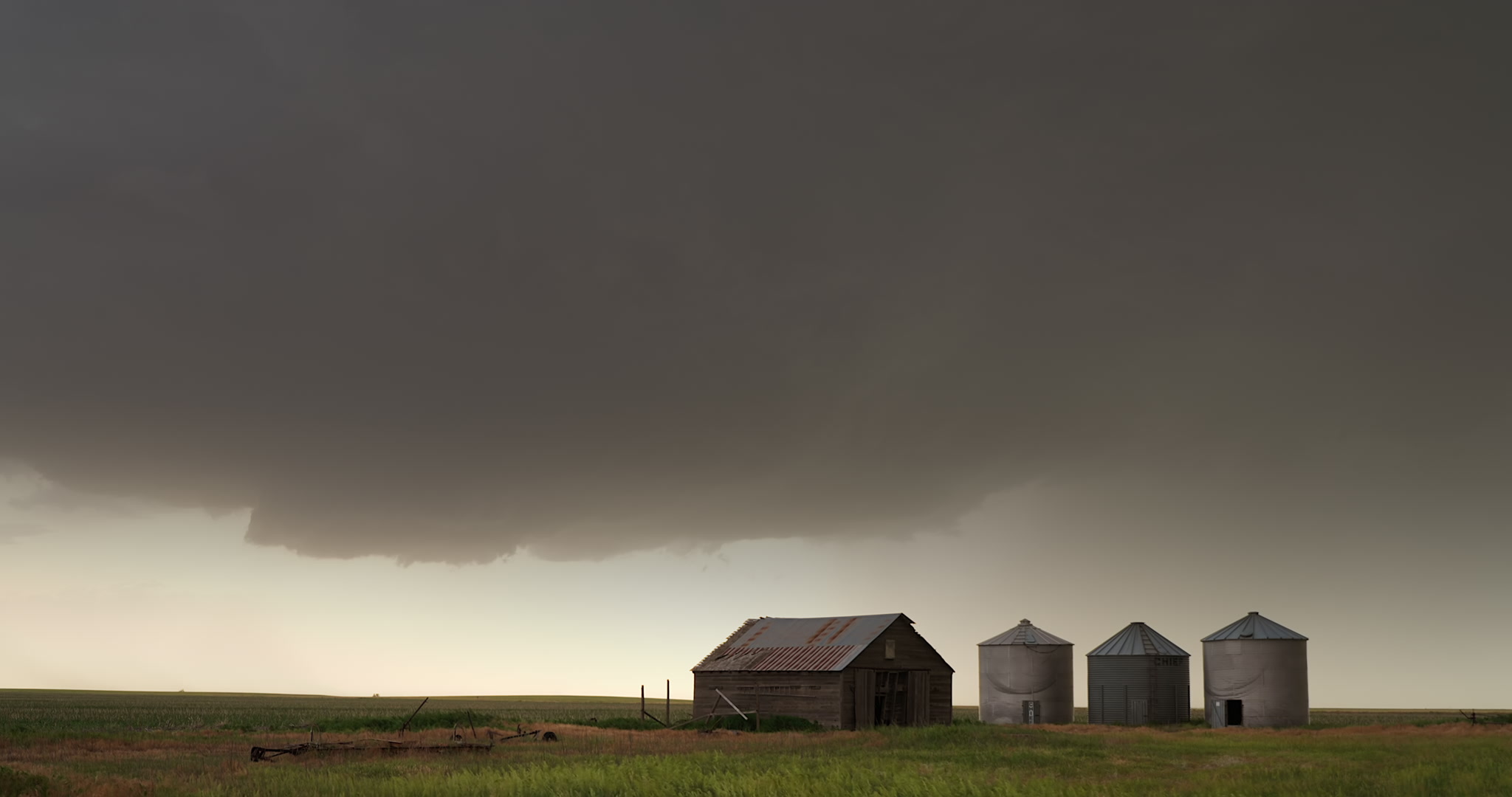 Big bolt of lightning strikes farm, evening, Kansas, 4K