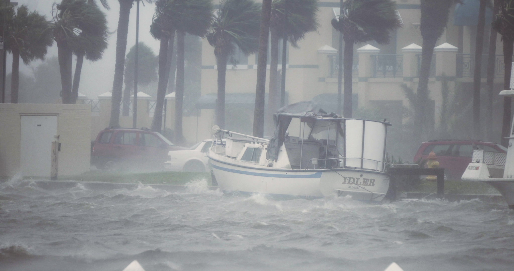 Boat tossed by intense wind, waves, Hurricane Matthew, Florida, Category 4, 2016, 4K