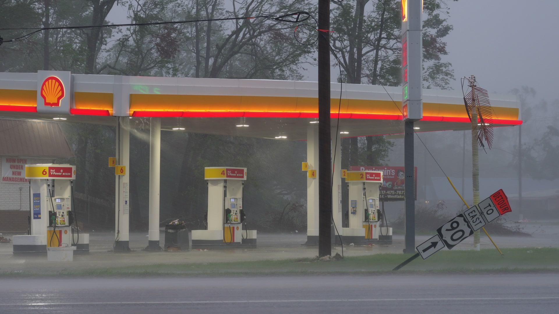 Hurricane Delta - Intense wind, rain, blow past gas station, 4K