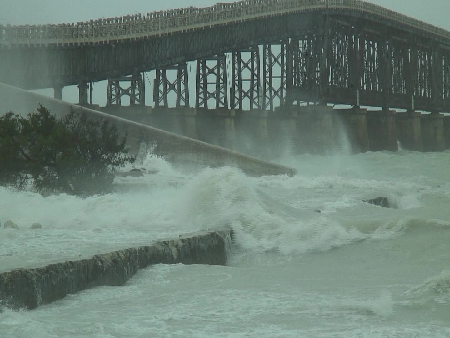 Powerful Hurricane Ike, Galveston, 2008 - big waves and bridge