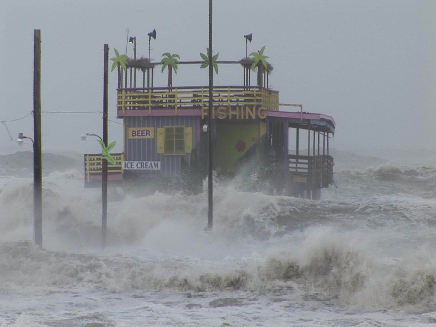 Powerful Hurricane Ike, Galveston, 2008 - big waves crash pier