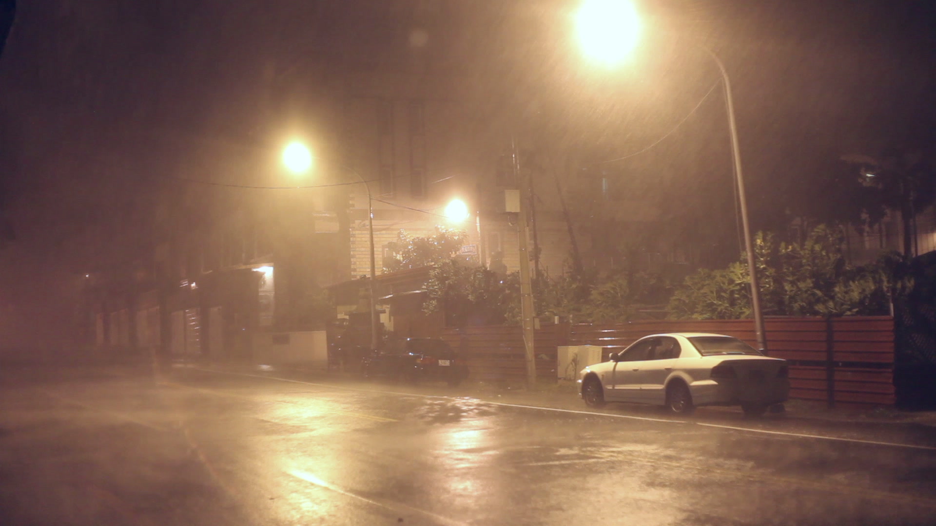 Super Typhoon Haiyan, intense rain on street, night