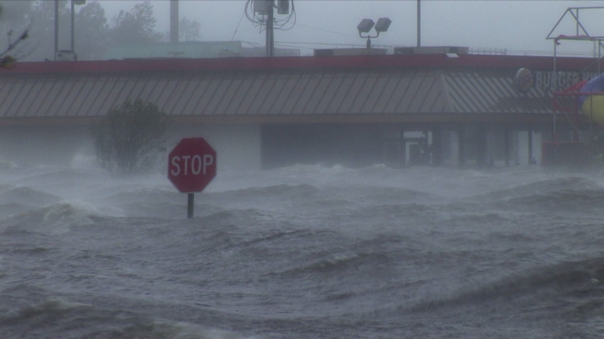Hurricane Katrina - Big waves, storm surge and intense wind in parking lot, 4K