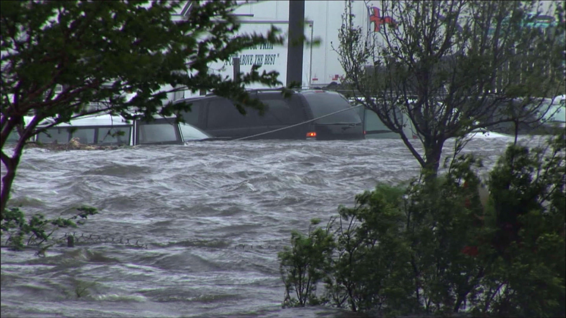 Cars, flooded parking lot, storm surge, Hurricane Katrina, 4K