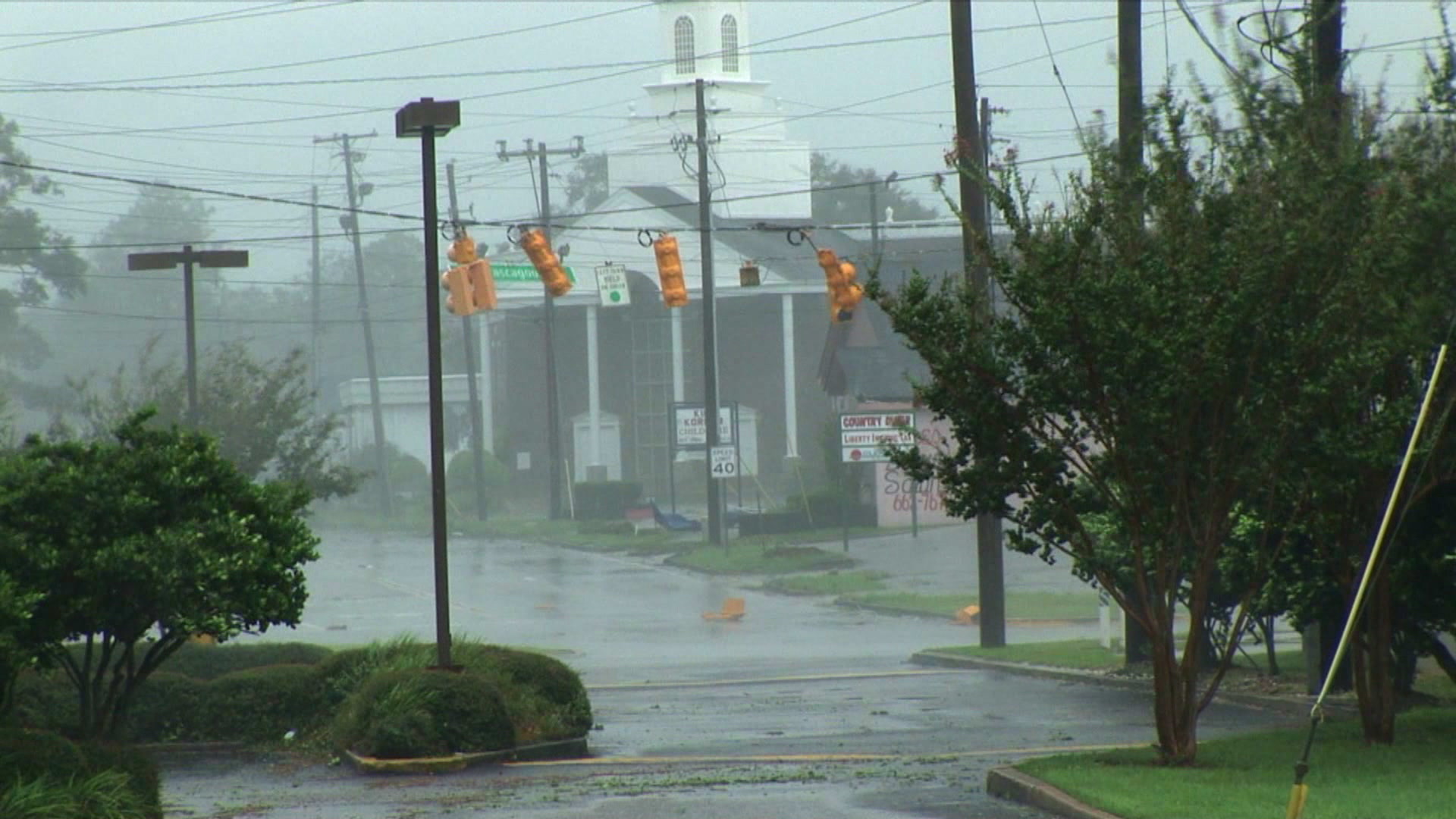 Church, traffic lights, street as Hurricane Katrina arrives
