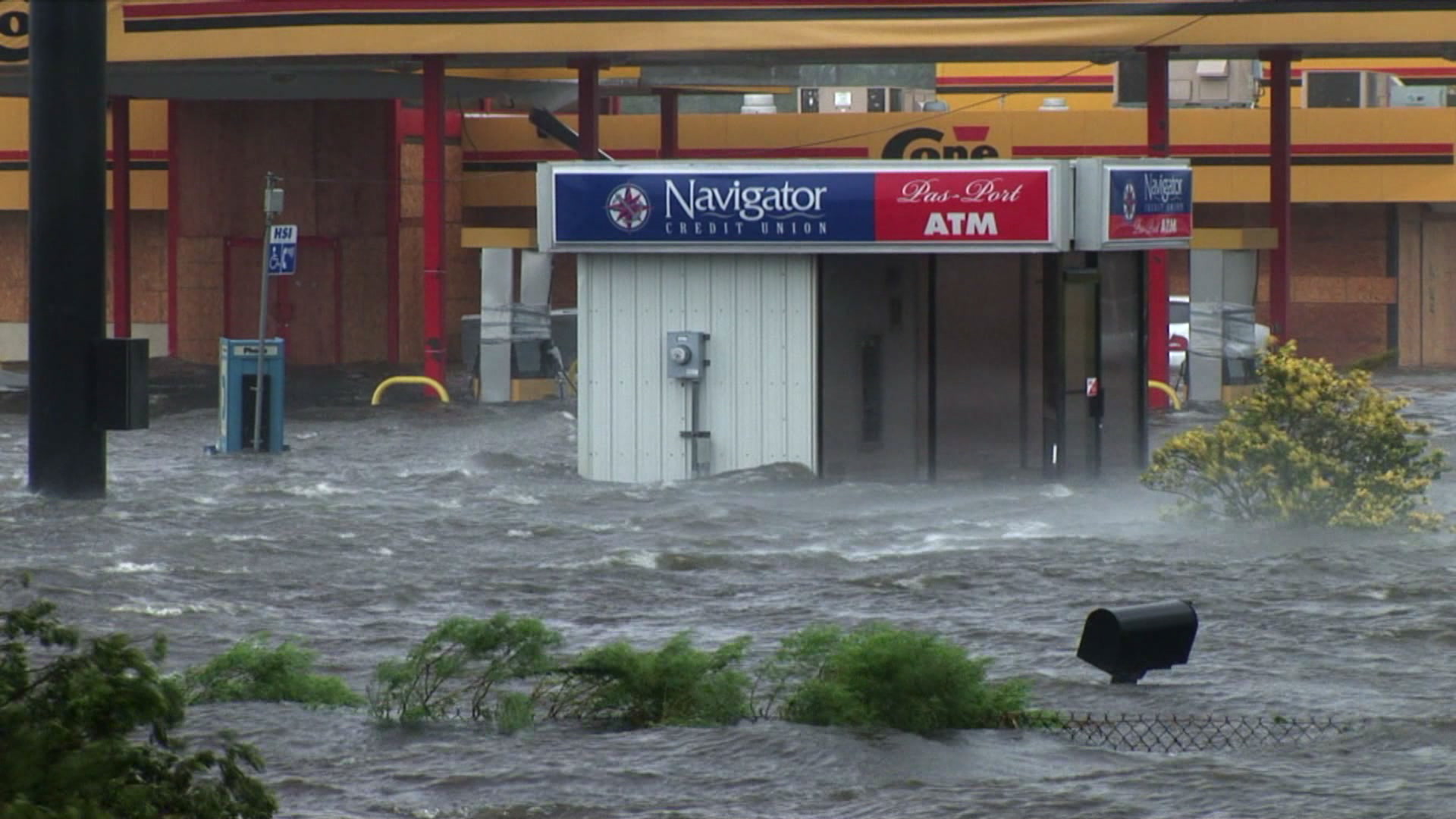 ATM and gas station flooding in storm surge, Hurricane Katrina, 4K