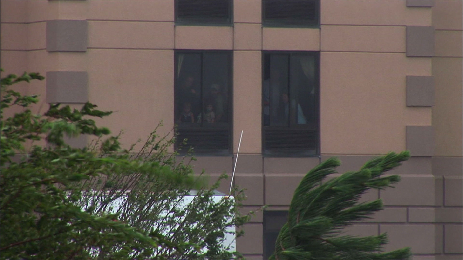 People trapped in hotel look down on flooded cars, Hurricane Katrina, 4K