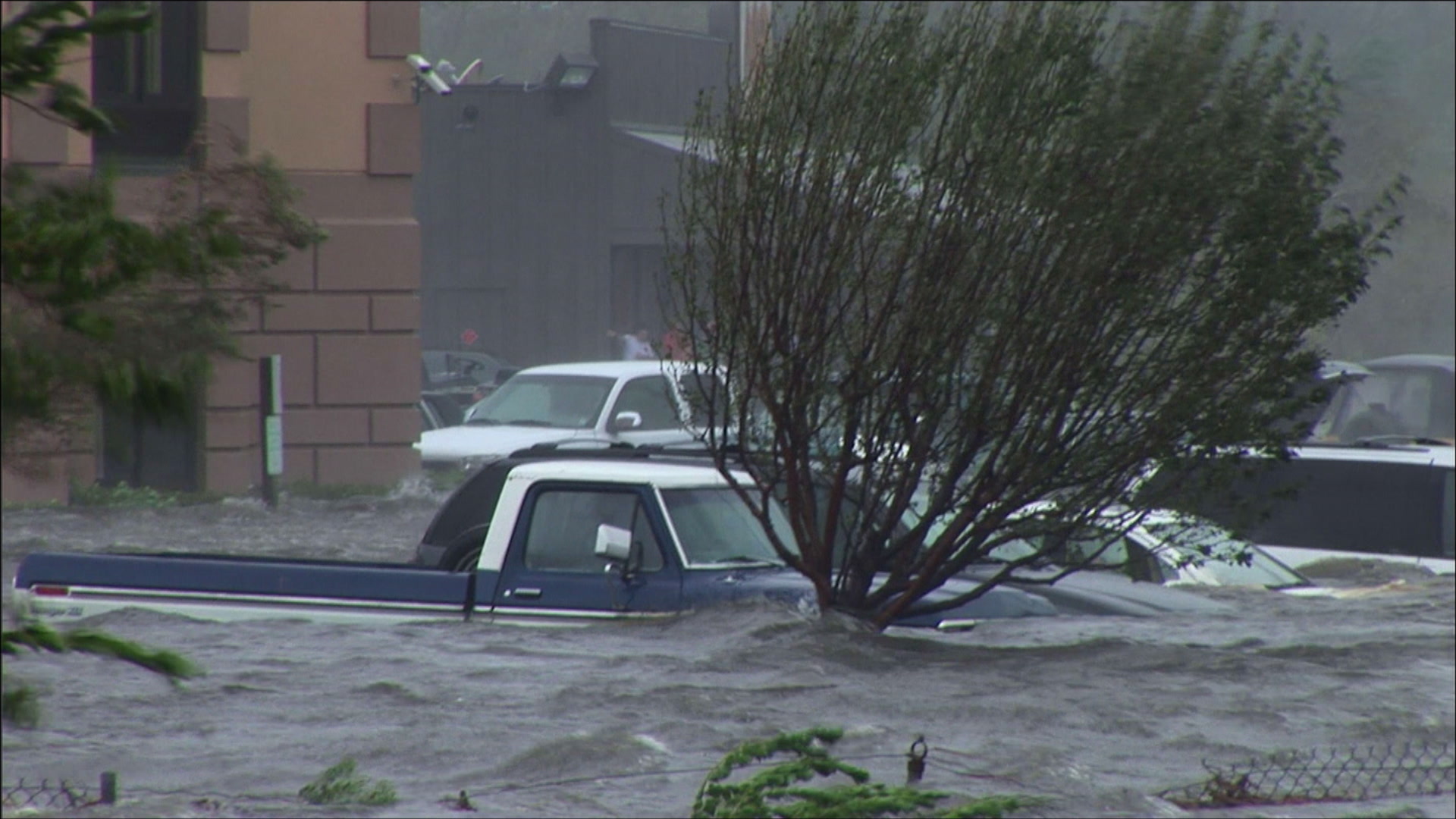 Pickup truck, cars caught in storm surge, Hurricane Katrina, 4K