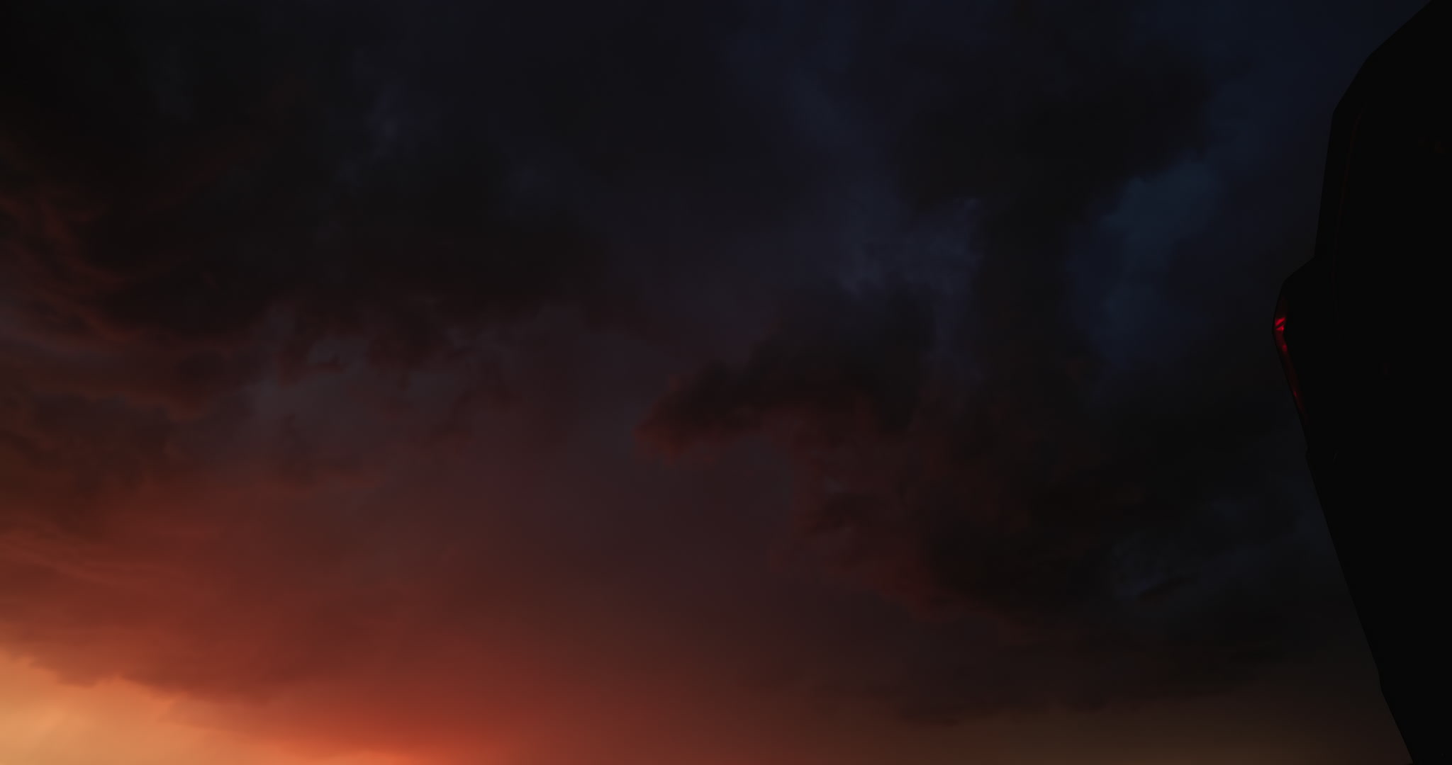 Dark, stormy sky at sunset, lightning, over storm chaser's car, 4K