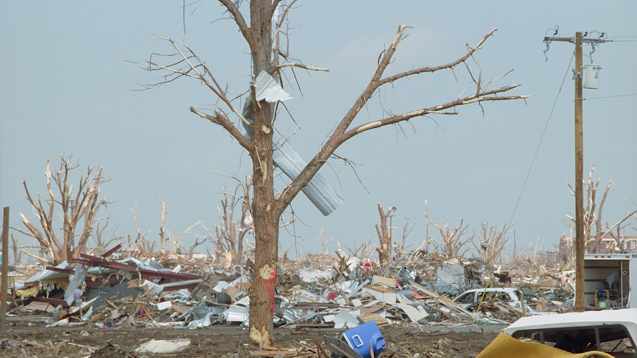 Tornado damage and aftermath - sheet metal in tree and total destruction, Greensburg EF5 aftermath, 35mm film to 4K