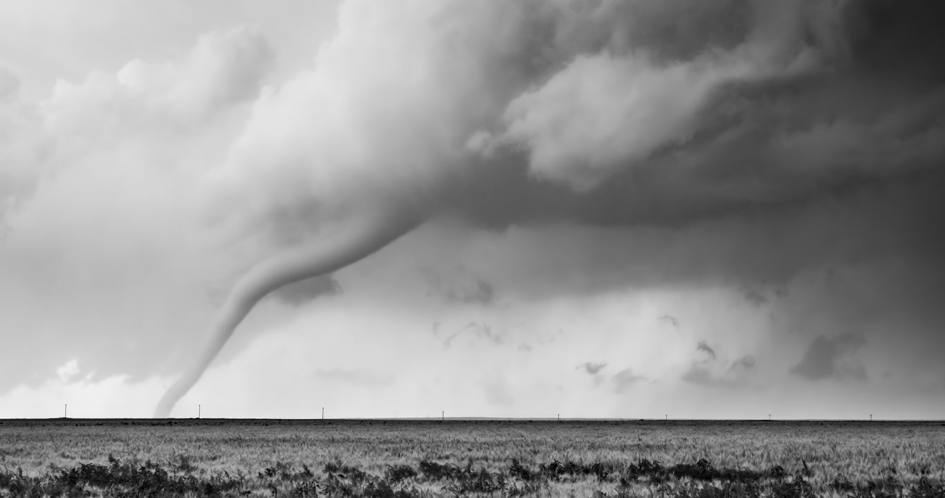 Long, classic black and white tornado, Holly, Colorado, 6K