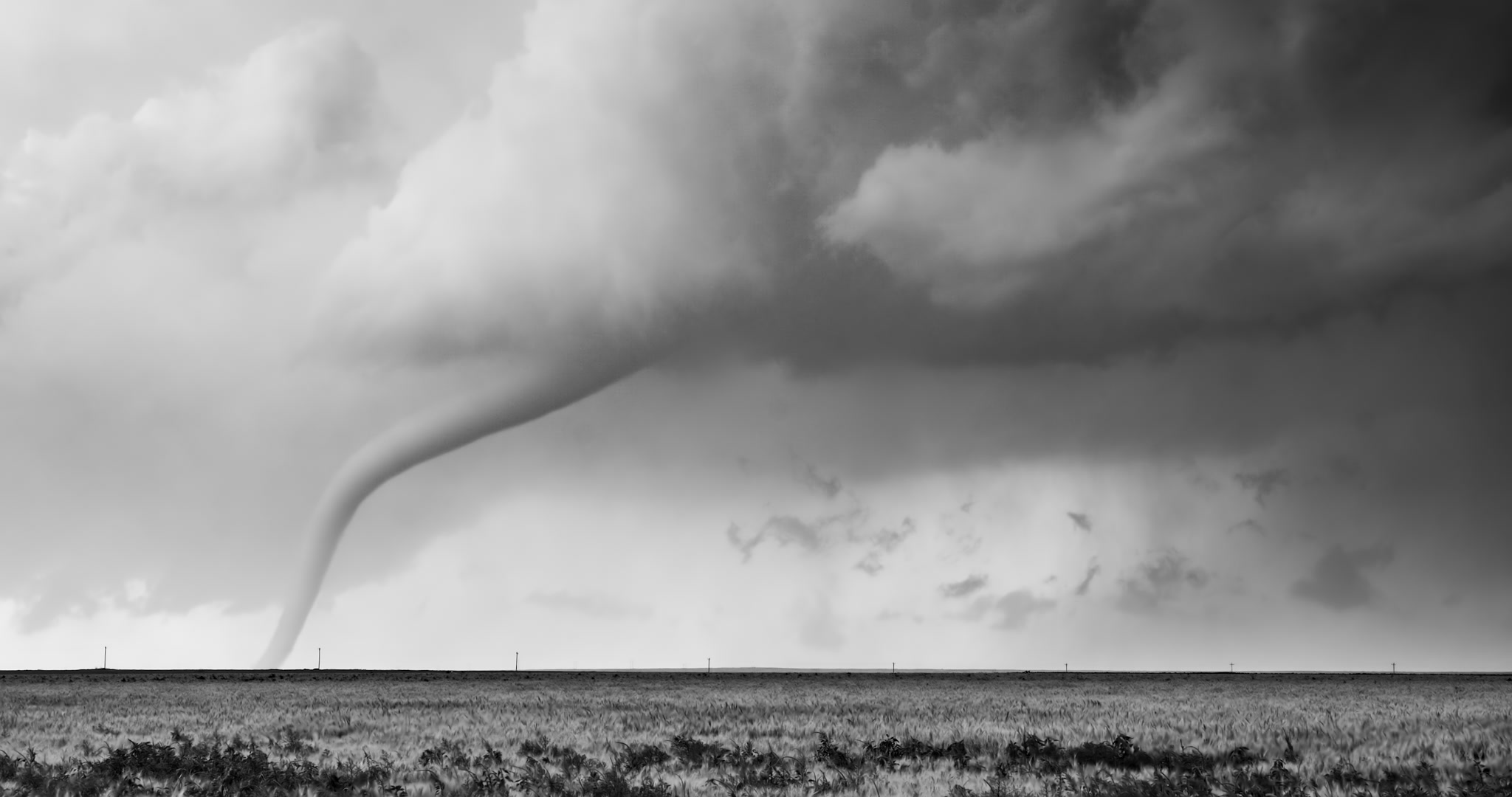 Long, classic black and white tornado, Holly, Colorado, 6K