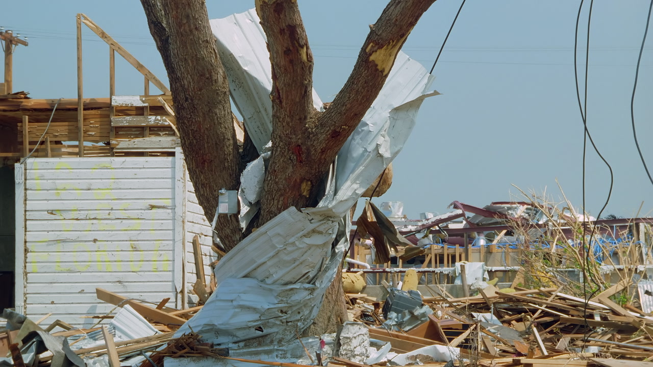 Tornado damage and aftermath - sheet metal wrapped around tree, Greensburg EF5 aftermath, 35mm film to 4K