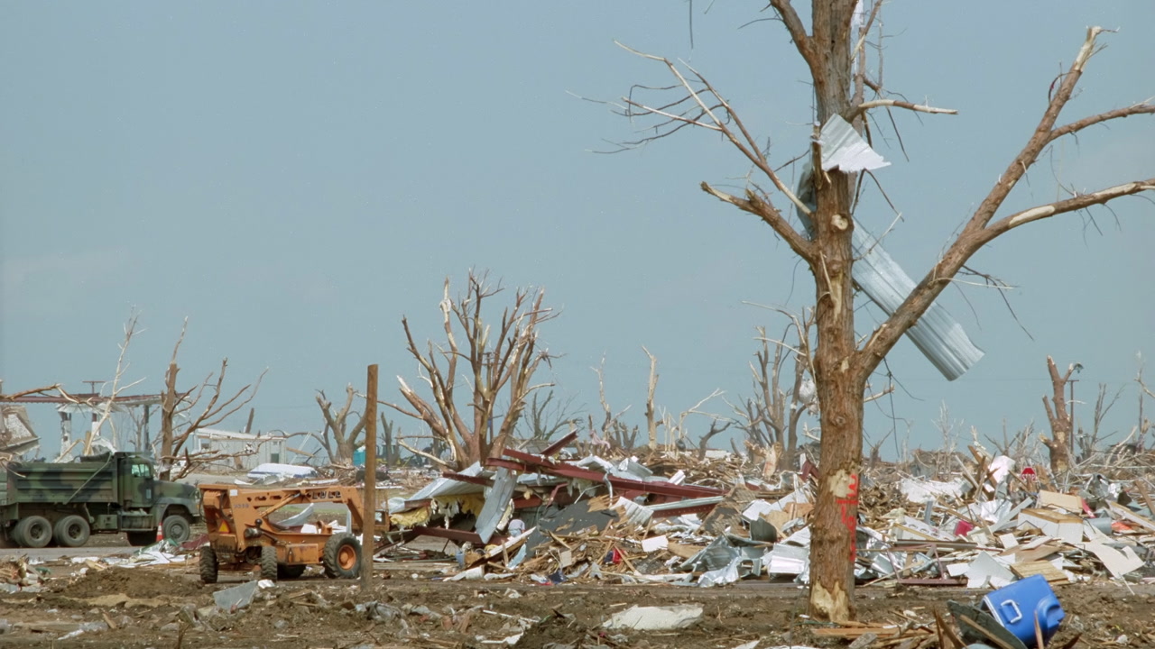 Tornado damage and aftermath - debris and stripped trees, Greensburg EF5 aftermath, 35mm film to 4K