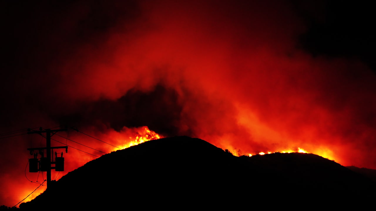 Intense fire glows red at night - The Thomas Fire, California, 2017, 4K