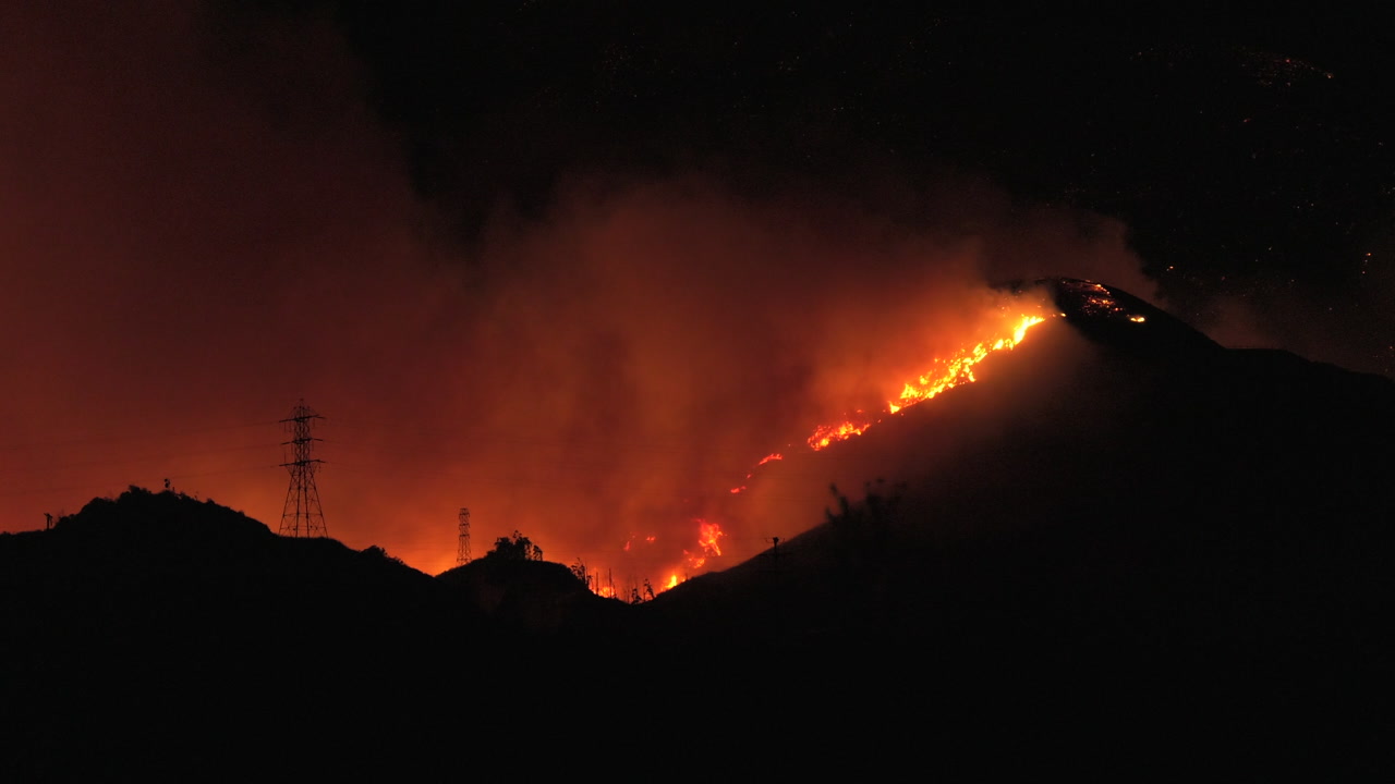 Big fire above utility towers - The Thomas Fire, California, 2017, 4K