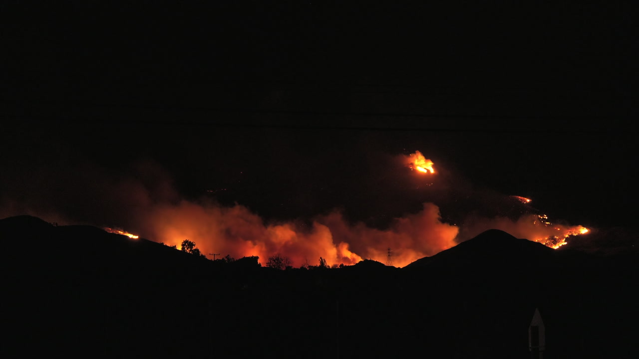 Wide shot of fires in the hills - The Thomas Fire, California, 2017, 4K