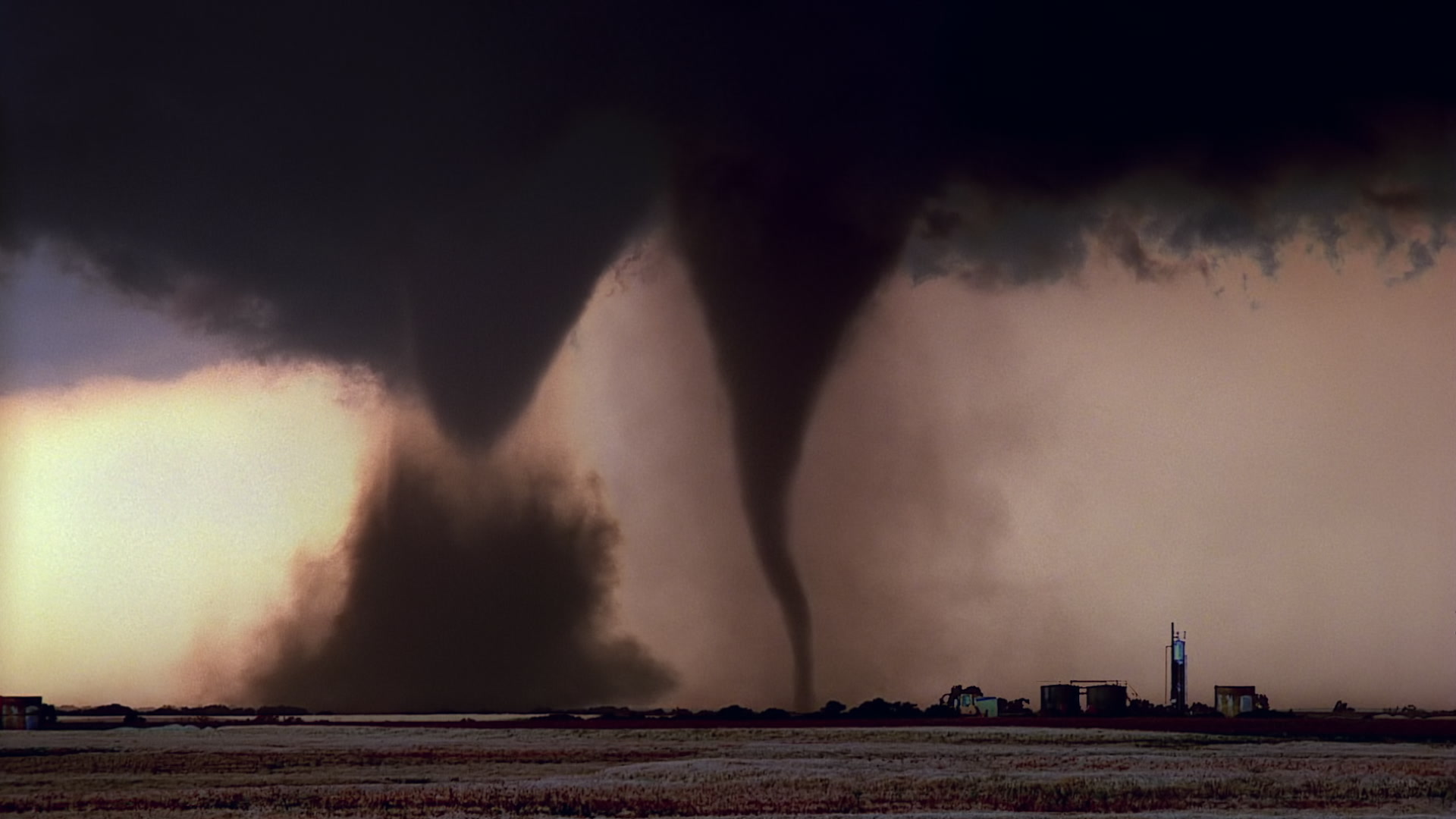 Double "sisters" tornadoes with dust whirl, Harper, Kansas, 35mm film to HD 1080