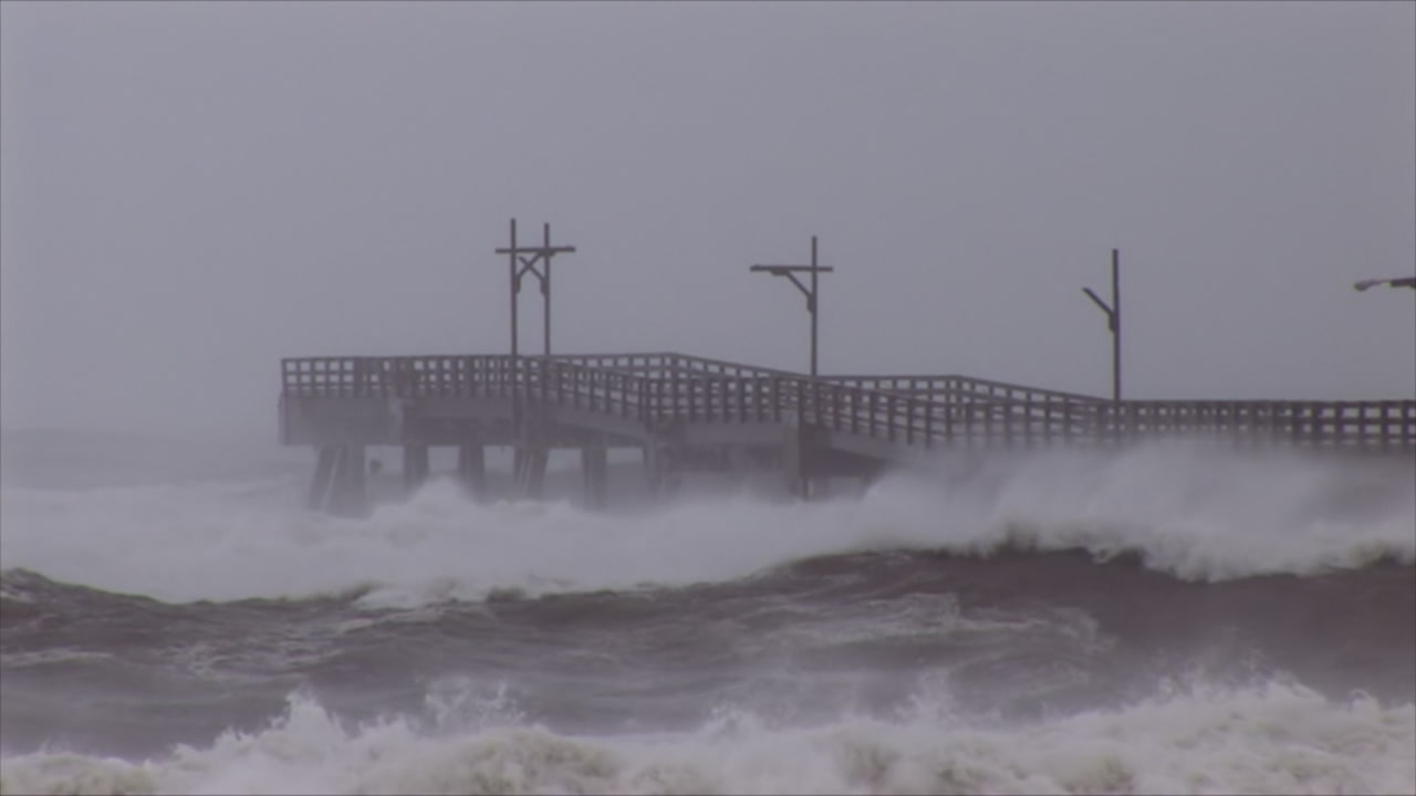 Massive storm waves batter pier during hurricane - Hurricane Dennis, Florida, 2005