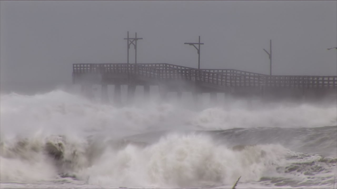 Large storm waves crash against pier - extremely destructive Hurricane Ike, Galveston, 2008, HD 1080