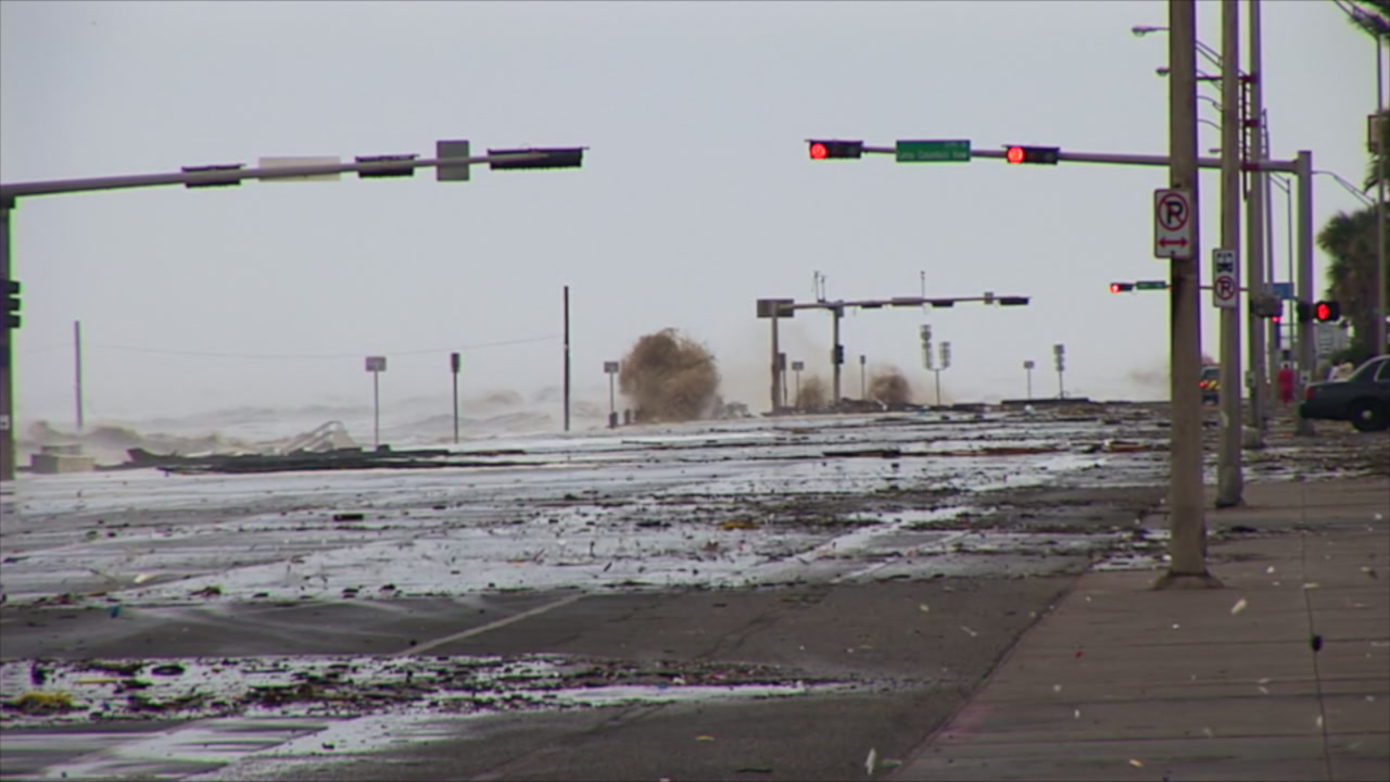 Geyser-like waves strike seawall - extremely destructive Hurricane Ike, Galveston, 2008, HD 1080